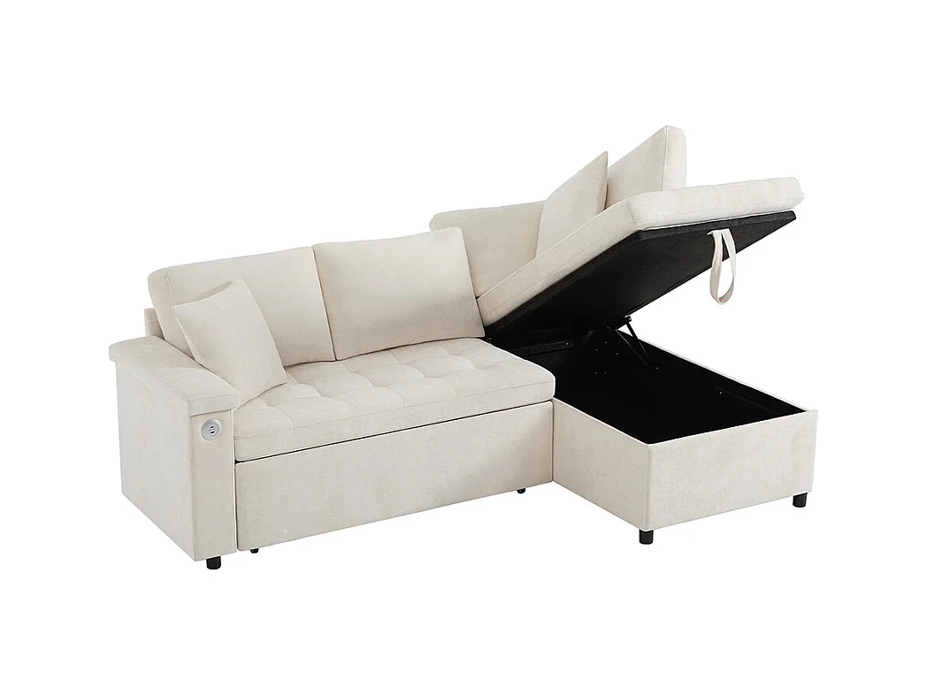 Canapé d'angle moderne convertible canapé-lit rangement chargeur USB accoudoir 2 coussins salon beige