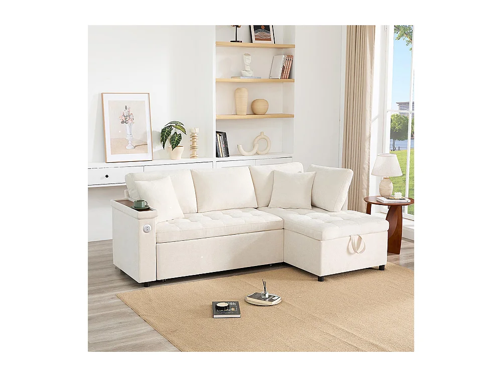 Canapé d'angle moderne convertible canapé-lit rangement chargeur USB accoudoir 2 coussins salon beige