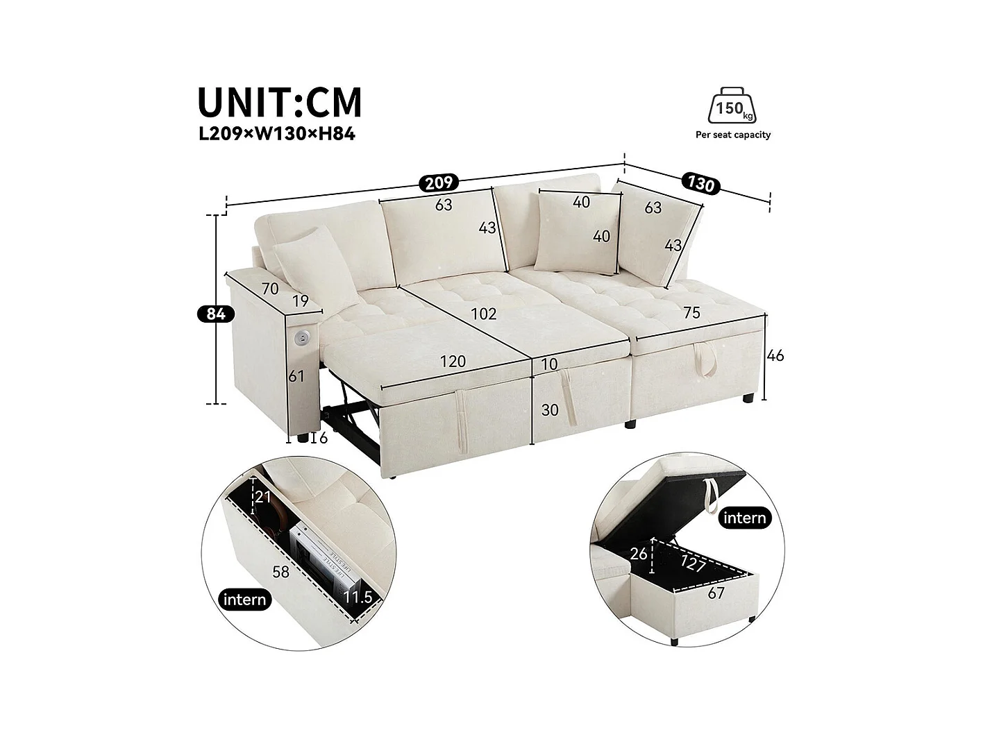Canapé d'angle moderne convertible canapé-lit rangement chargeur USB accoudoir 2 coussins salon beige