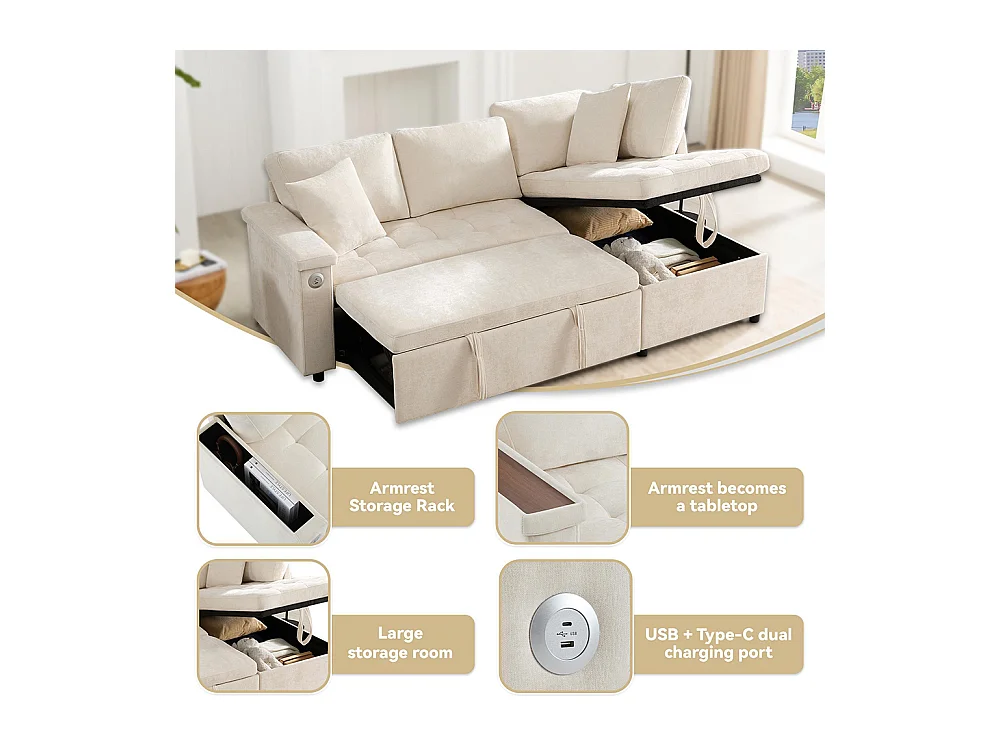 Canapé d'angle moderne convertible canapé-lit rangement chargeur USB accoudoir 2 coussins salon beige