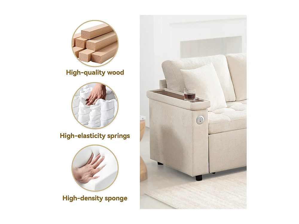 Canapé d'angle moderne convertible canapé-lit rangement chargeur USB accoudoir 2 coussins salon beige