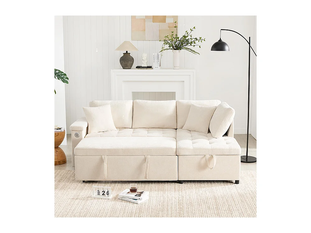 Canapé d'angle moderne convertible canapé-lit rangement chargeur USB accoudoir 2 coussins salon beige