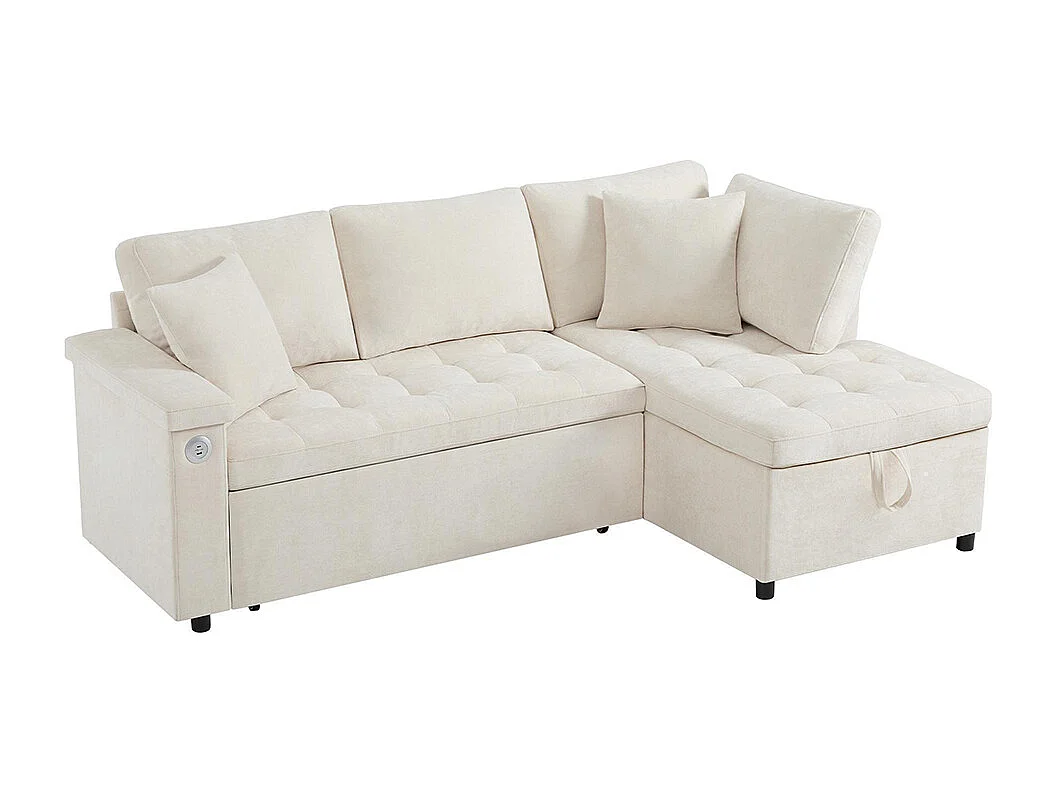 Canapé d'angle moderne convertible canapé-lit rangement chargeur USB accoudoir 2 coussins salon beige