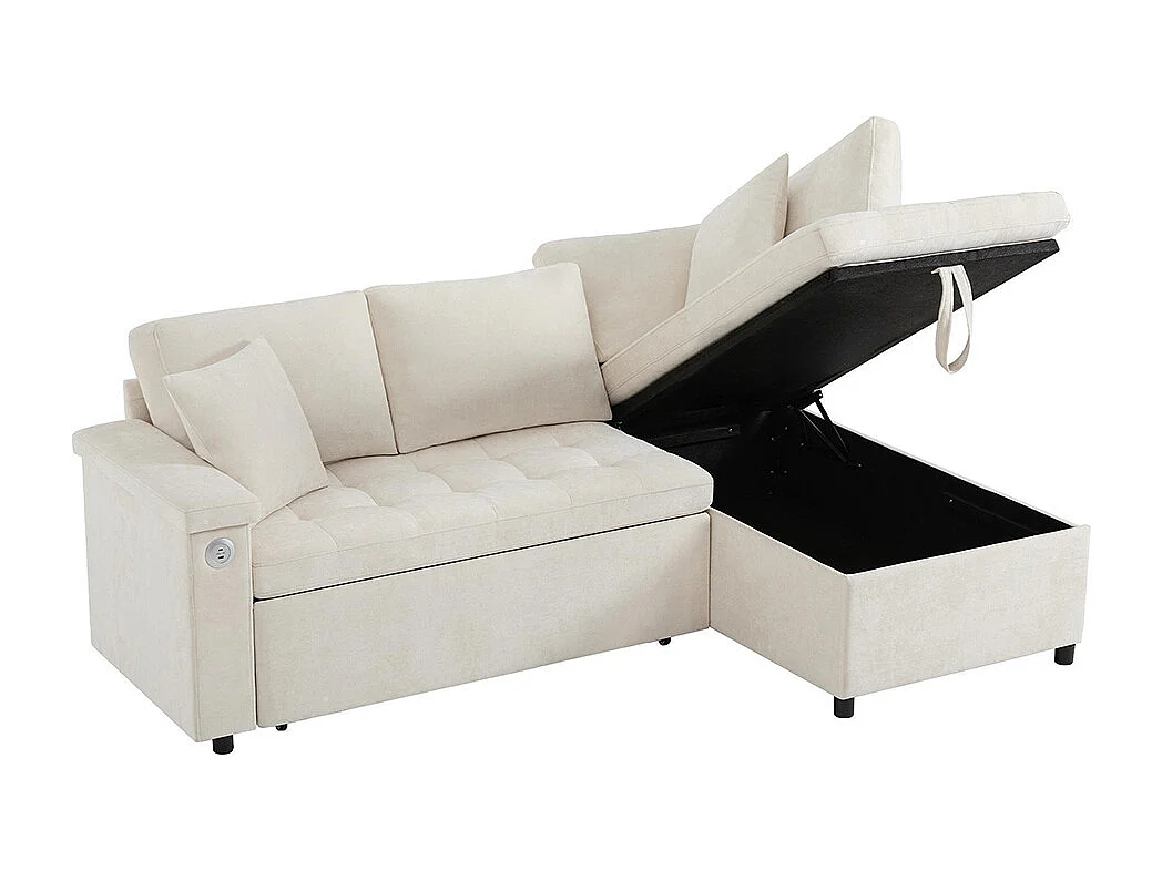 Canapé d'angle moderne convertible canapé-lit rangement chargeur USB accoudoir 2 coussins salon beige