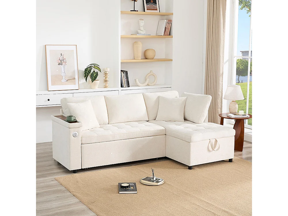 Canapé d'angle moderne convertible canapé-lit rangement chargeur USB accoudoir 2 coussins salon beige