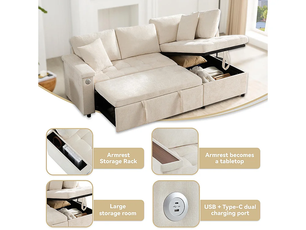 Canapé d'angle moderne convertible canapé-lit rangement chargeur USB accoudoir 2 coussins salon beige