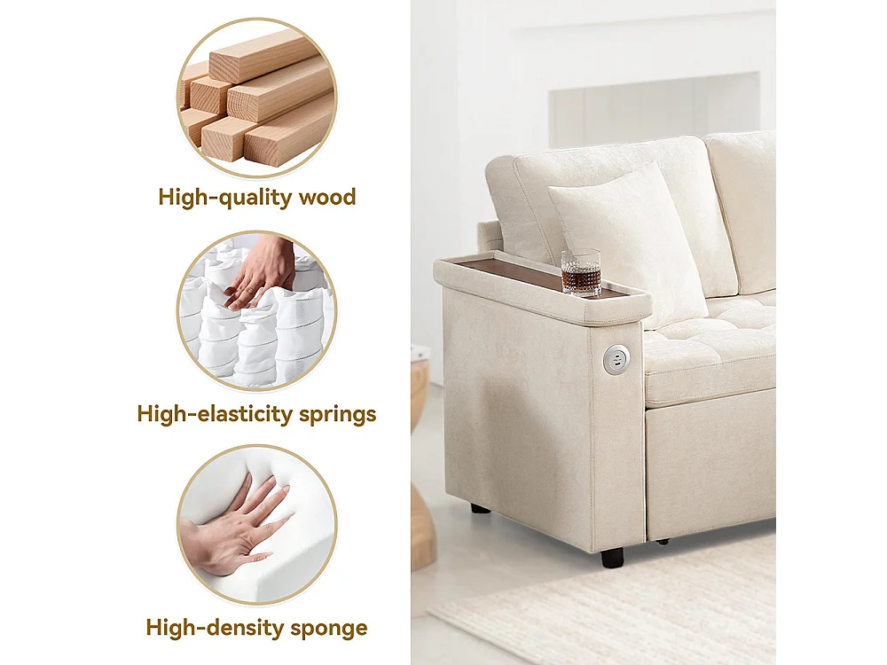 Canapé d'angle moderne convertible canapé-lit rangement chargeur USB accoudoir 2 coussins salon beige