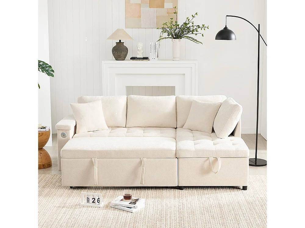 Canapé d'angle moderne convertible canapé-lit rangement chargeur USB accoudoir 2 coussins salon beige