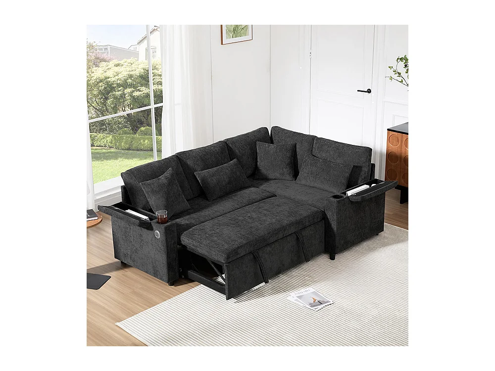 Canapé d'angle convertible L rangement porte-gobelets USB tablette accoudoir 4 coussins salon home cinéma gris foncé