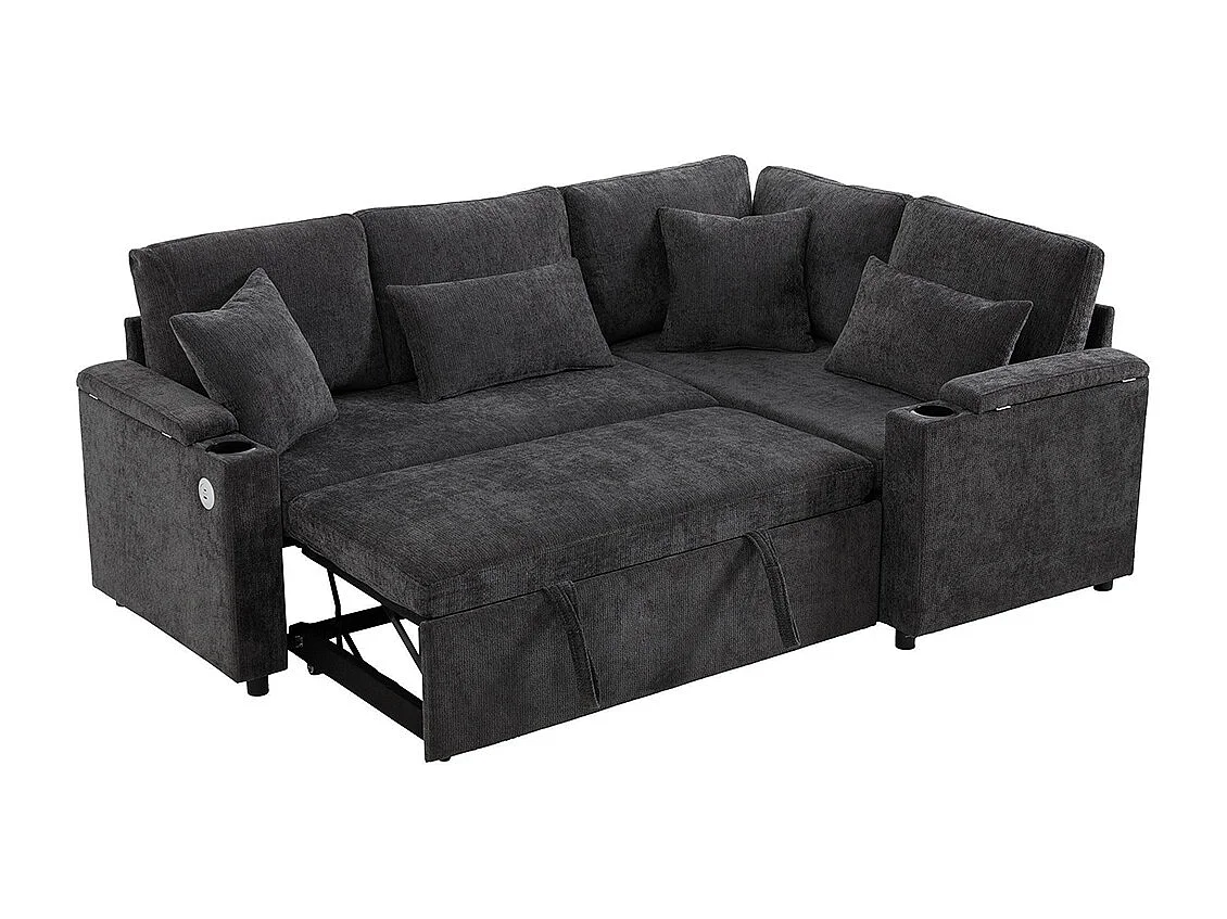 Canapé d'angle convertible L rangement porte-gobelets USB tablette accoudoir 4 coussins salon home cinéma gris foncé