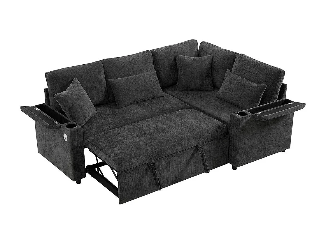 Canapé d'angle convertible L rangement porte-gobelets USB tablette accoudoir 4 coussins salon home cinéma gris foncé