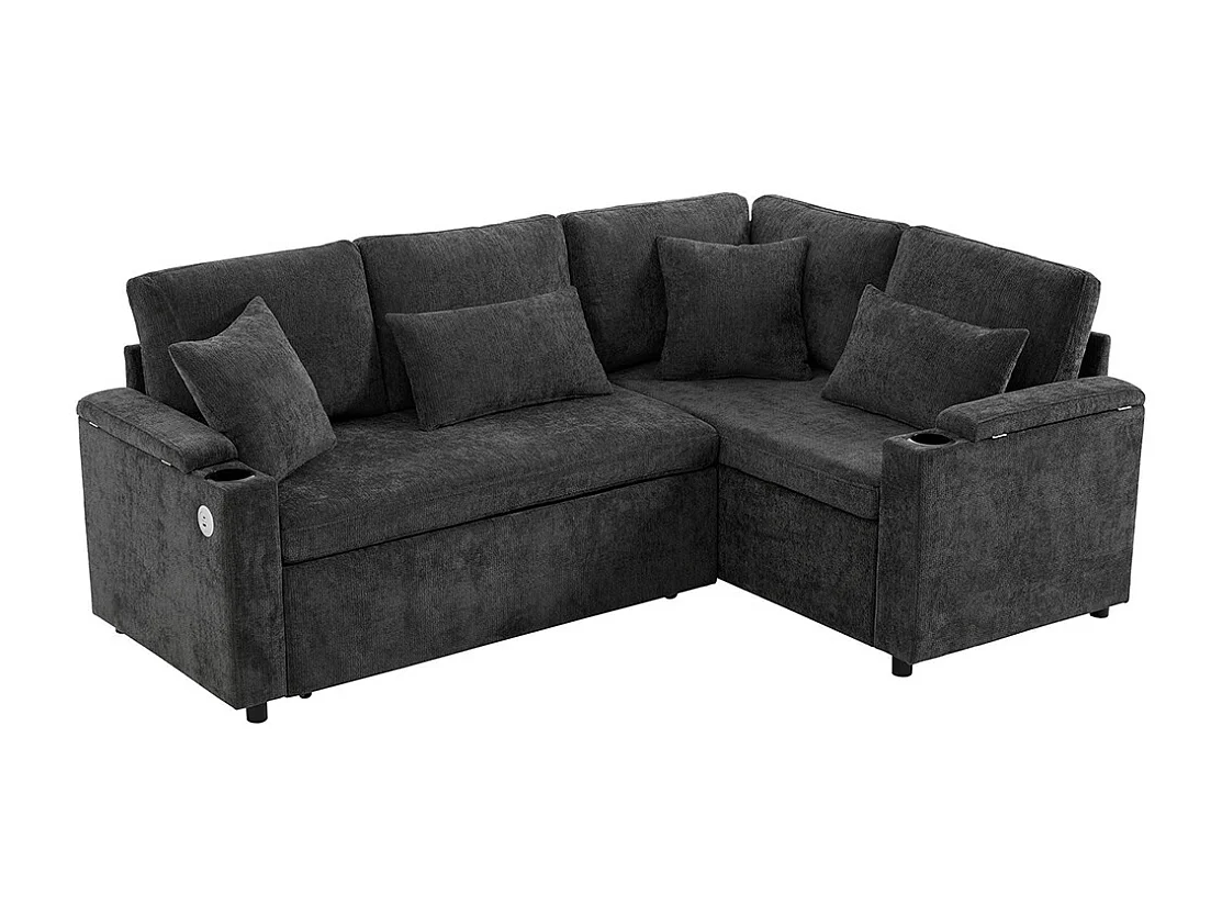 Canapé d'angle convertible L rangement porte-gobelets USB tablette accoudoir 4 coussins salon home cinéma gris foncé