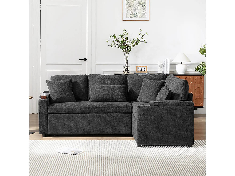 Canapé d'angle convertible L rangement porte-gobelets USB tablette accoudoir 4 coussins salon home cinéma gris foncé