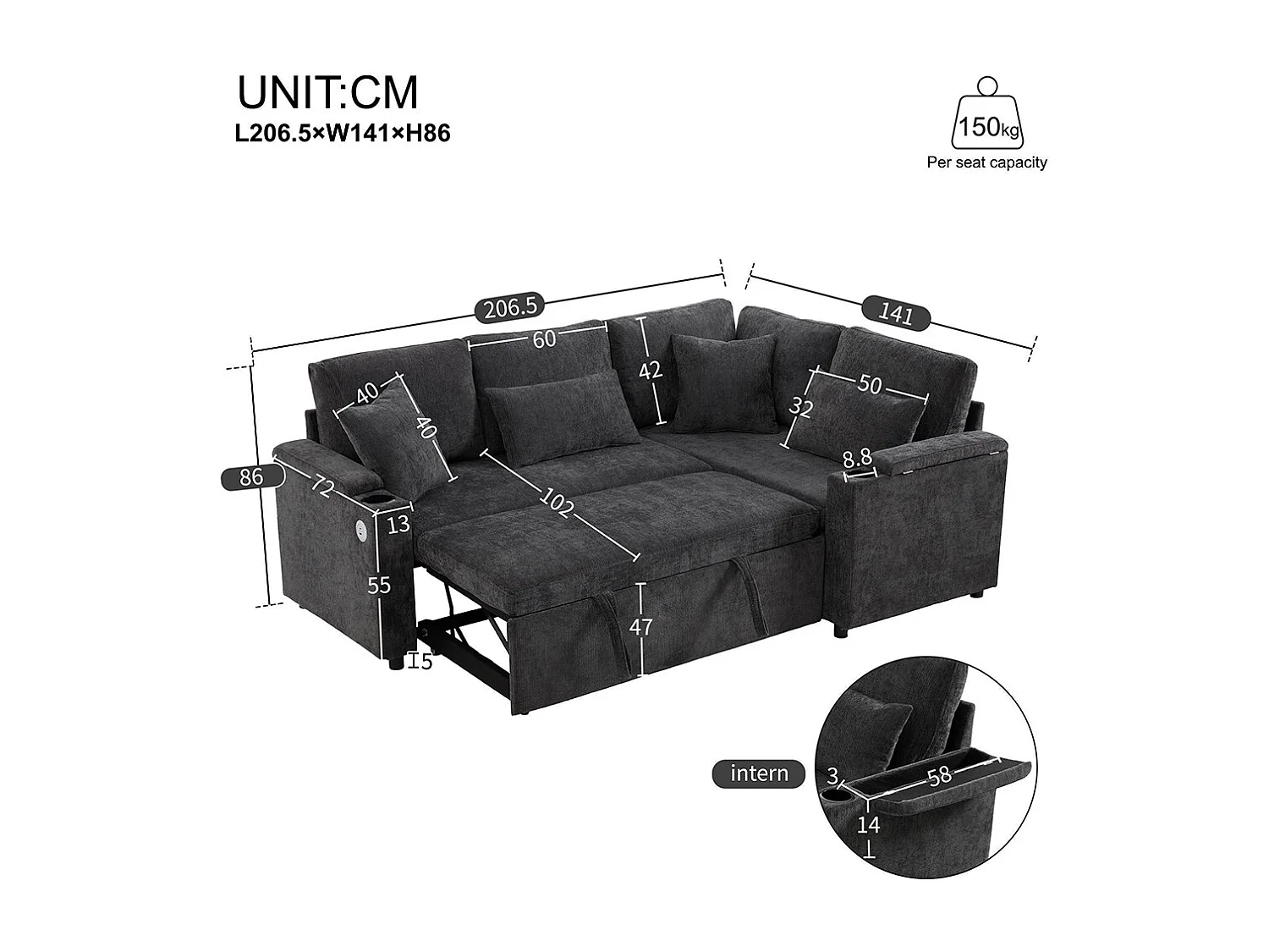 Canapé d'angle convertible L rangement porte-gobelets USB tablette accoudoir 4 coussins salon home cinéma gris foncé