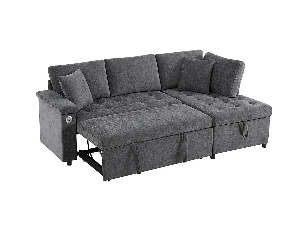 Canapé d'angle moderne convertible canapé-lit rangement chargeur USB accoudoir 2 coussins salon gris foncé