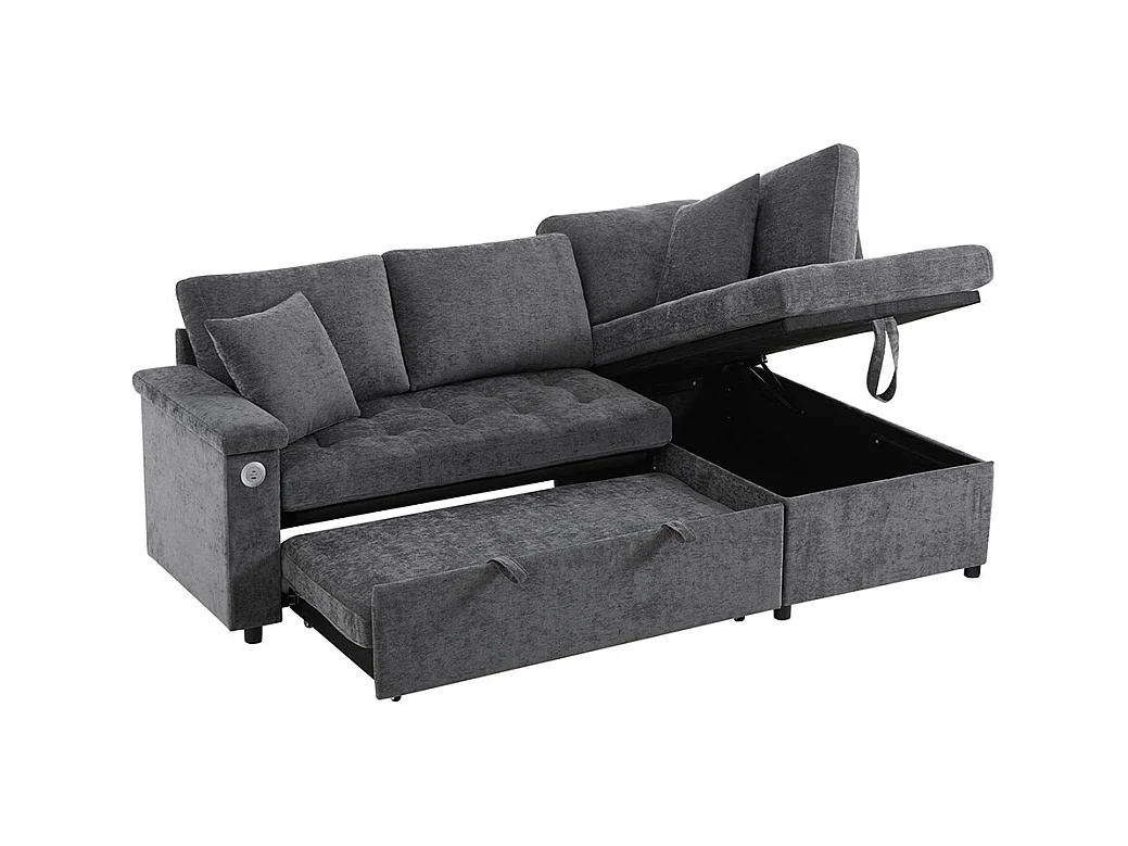 Canapé d'angle moderne convertible canapé-lit rangement chargeur USB accoudoir 2 coussins salon gris foncé