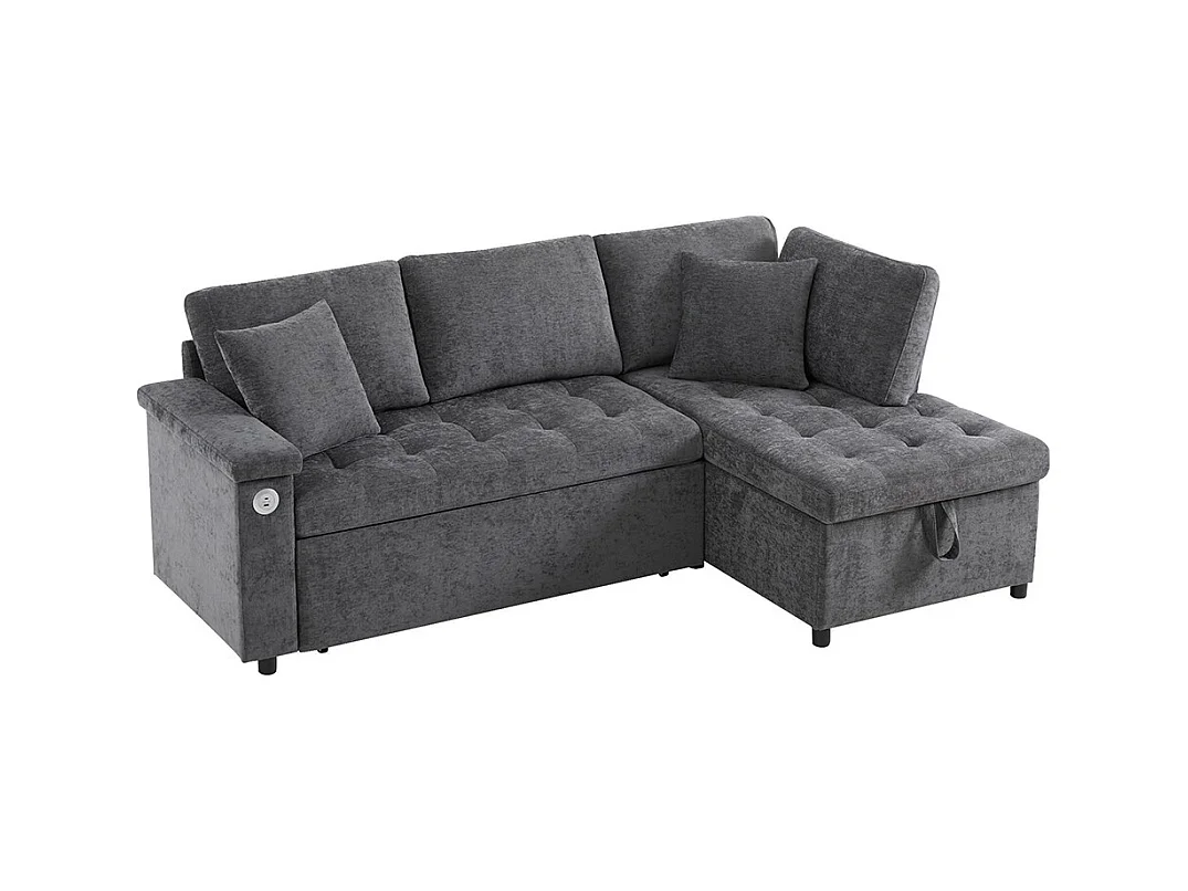 Canapé d'angle moderne convertible canapé-lit rangement chargeur USB accoudoir 2 coussins salon gris foncé