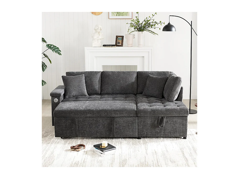 Canapé d'angle moderne convertible canapé-lit rangement chargeur USB accoudoir 2 coussins salon gris foncé