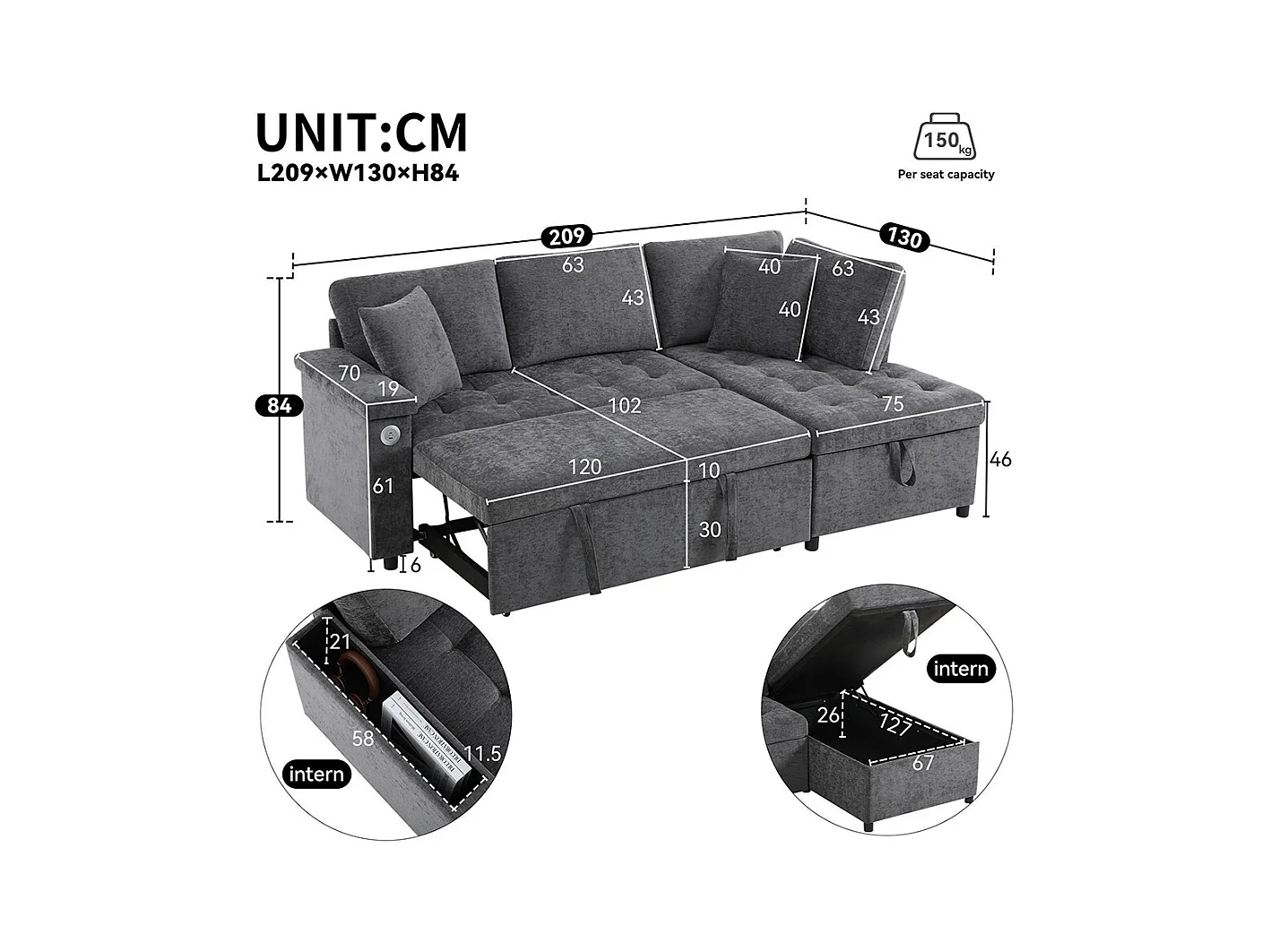 Canapé d'angle moderne convertible canapé-lit rangement chargeur USB accoudoir 2 coussins salon gris foncé
