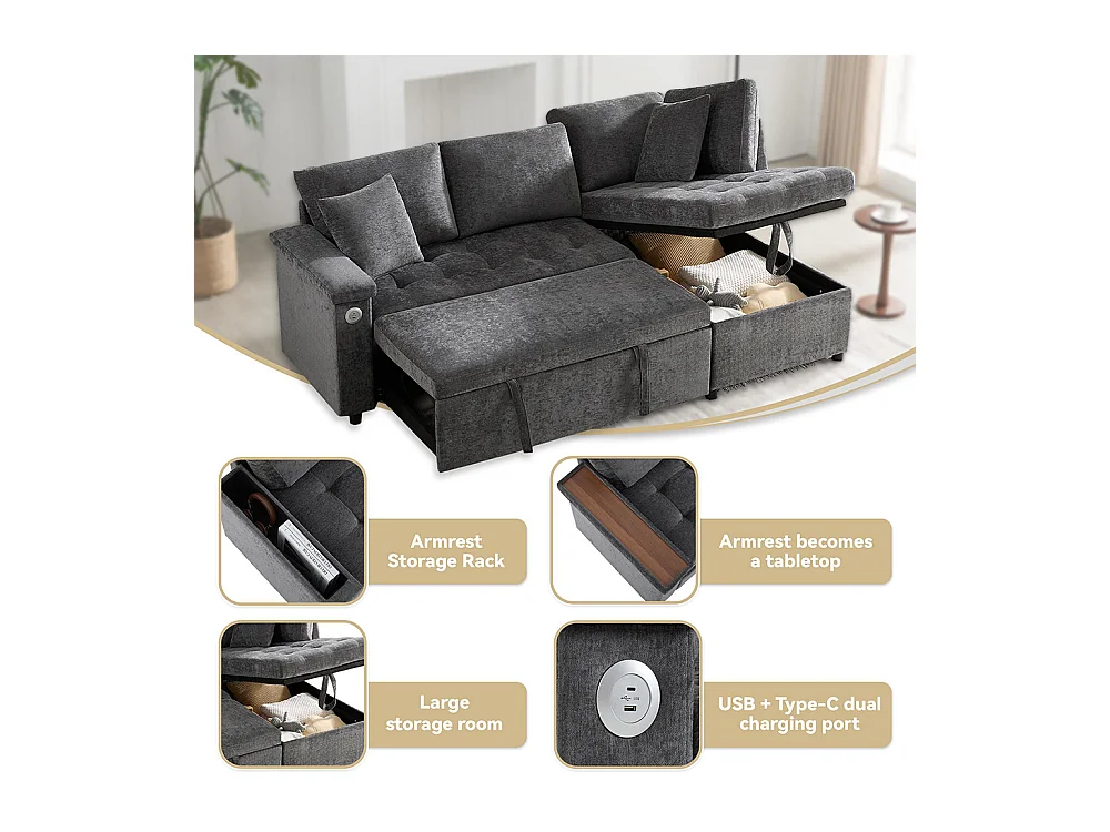 Canapé d'angle moderne convertible canapé-lit rangement chargeur USB accoudoir 2 coussins salon gris foncé