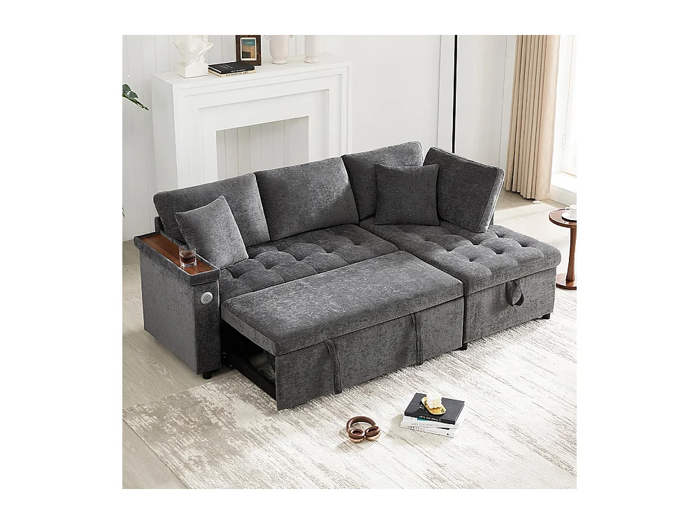 Canapé d'angle moderne convertible canapé-lit rangement chargeur USB accoudoir 2 coussins salon gris foncé