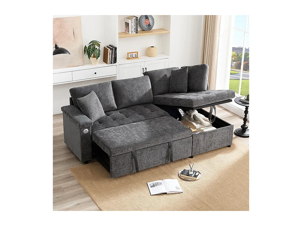 Canapé d'angle moderne convertible canapé-lit rangement chargeur USB accoudoir 2 coussins salon gris foncé
