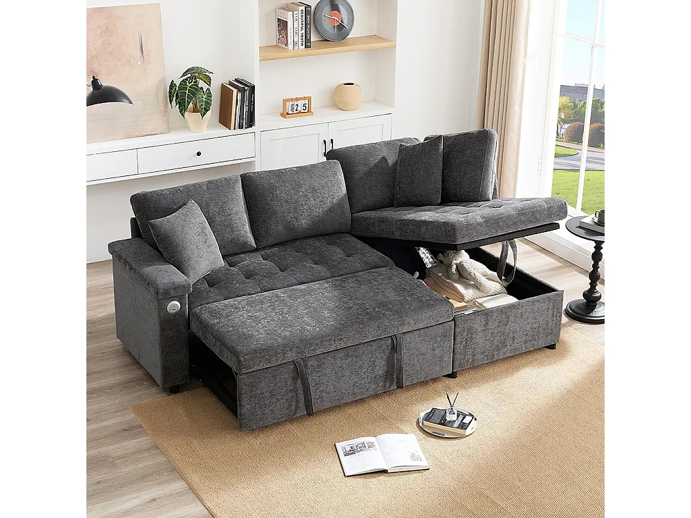Canapé d'angle moderne convertible canapé-lit rangement chargeur USB accoudoir 2 coussins salon gris foncé
