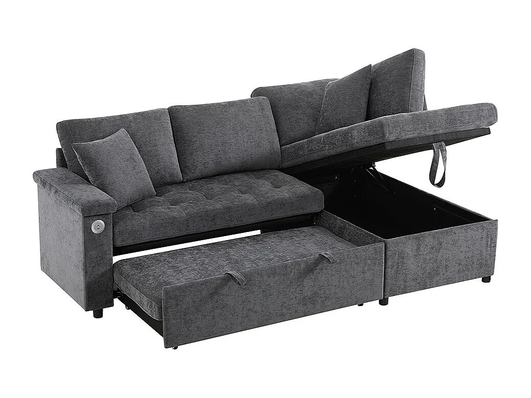 Canapé d'angle moderne convertible canapé-lit rangement chargeur USB accoudoir 2 coussins salon gris foncé