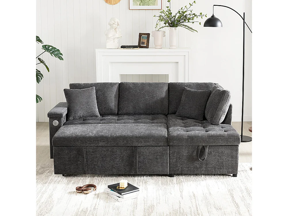 Canapé d'angle moderne convertible canapé-lit rangement chargeur USB accoudoir 2 coussins salon gris foncé