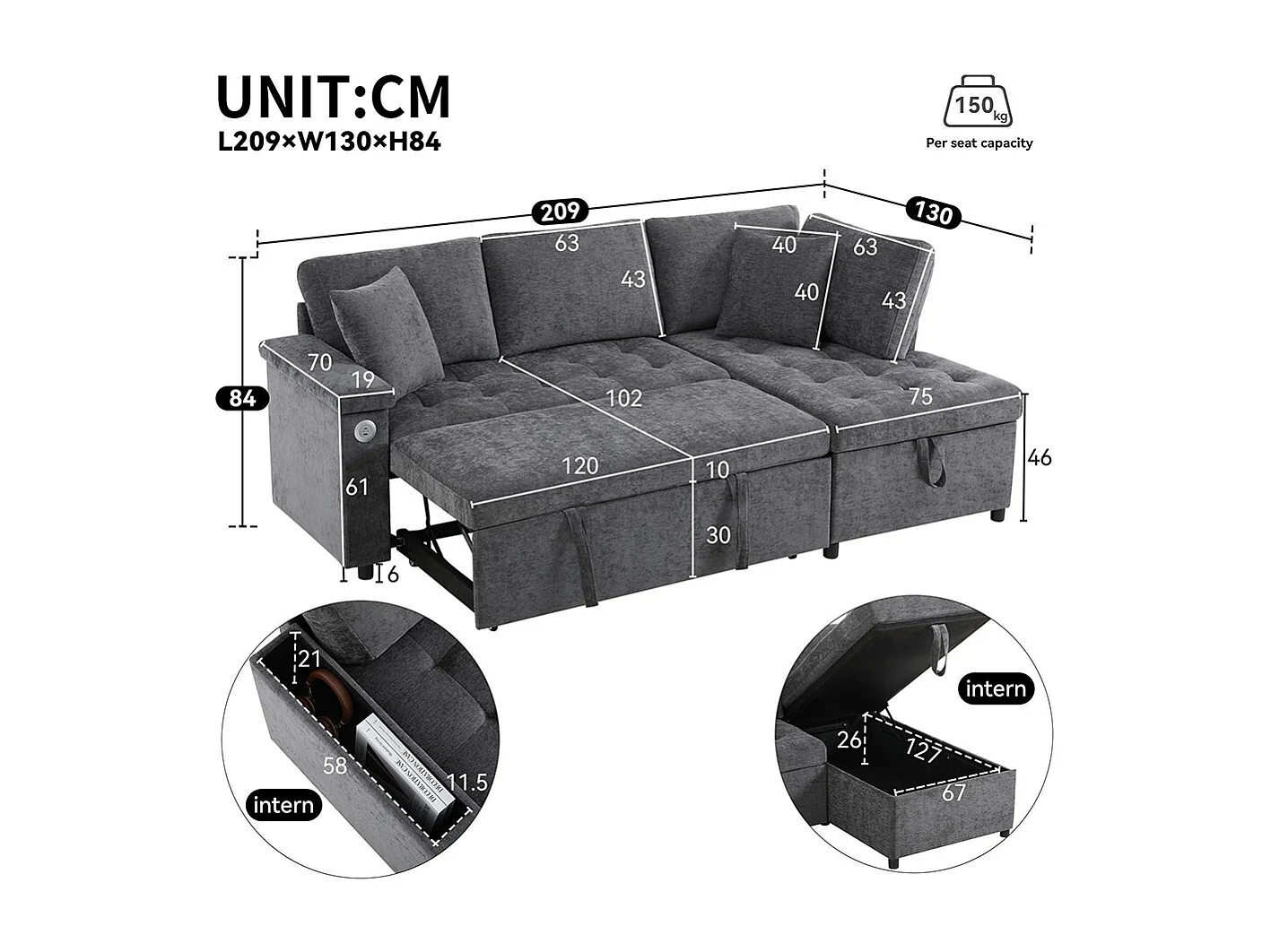 Canapé d'angle moderne convertible canapé-lit rangement chargeur USB accoudoir 2 coussins salon gris foncé