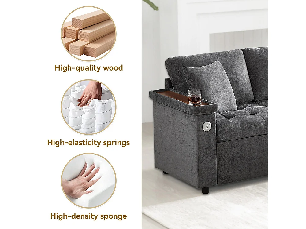 Canapé d'angle moderne convertible canapé-lit rangement chargeur USB accoudoir 2 coussins salon gris foncé