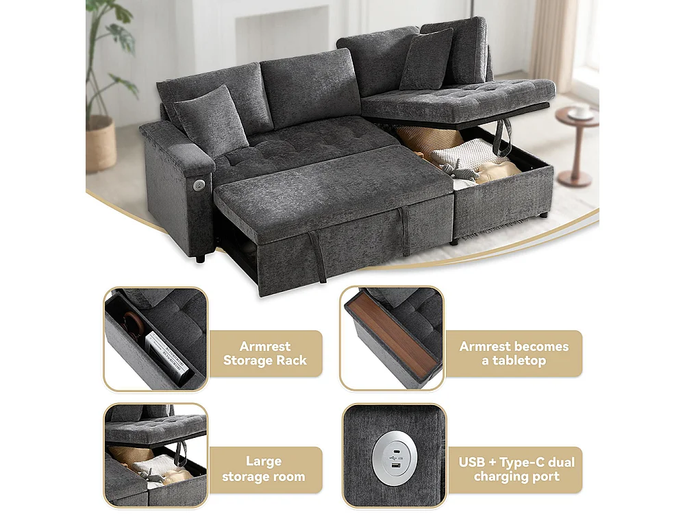 Canapé d'angle moderne convertible canapé-lit rangement chargeur USB accoudoir 2 coussins salon gris foncé