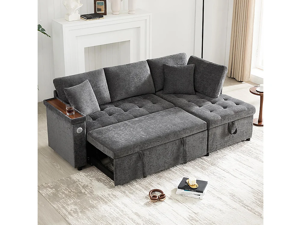 Canapé d'angle moderne convertible canapé-lit rangement chargeur USB accoudoir 2 coussins salon gris foncé