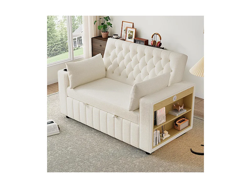 Canapé convertible beige multifonctionnel rangement couchage porte-gobelets USB coussins peu encombrant salon chambre