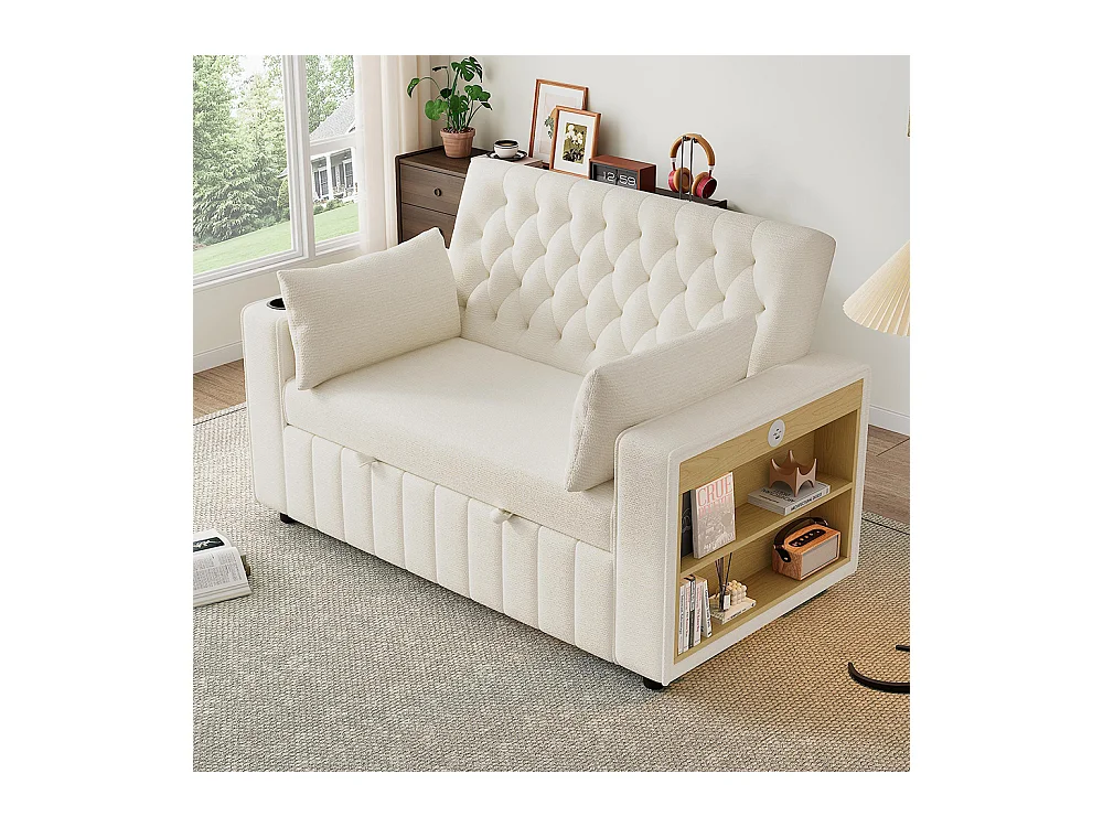 Canapé convertible beige multifonctionnel rangement couchage porte-gobelets USB coussins peu encombrant salon chambre