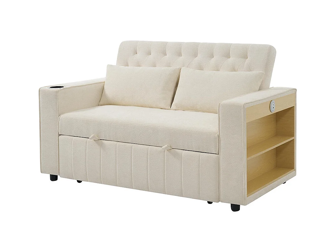 Canapé convertible beige multifonctionnel rangement couchage porte-gobelets USB coussins peu encombrant salon chambre
