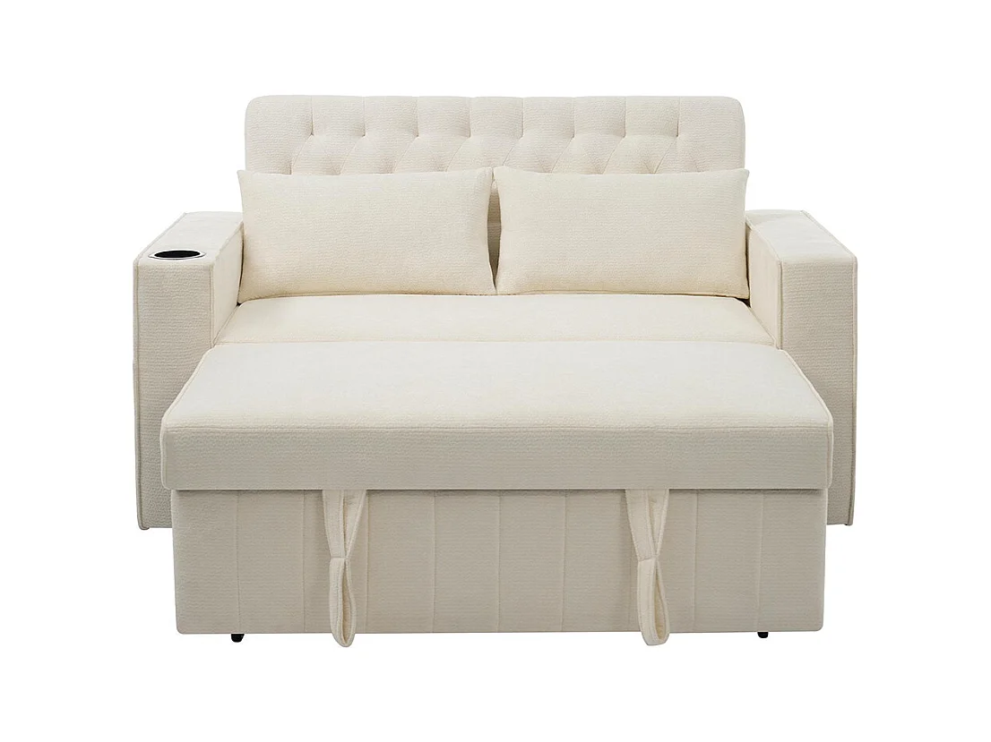 Canapé convertible beige multifonctionnel rangement couchage porte-gobelets USB coussins peu encombrant salon chambre