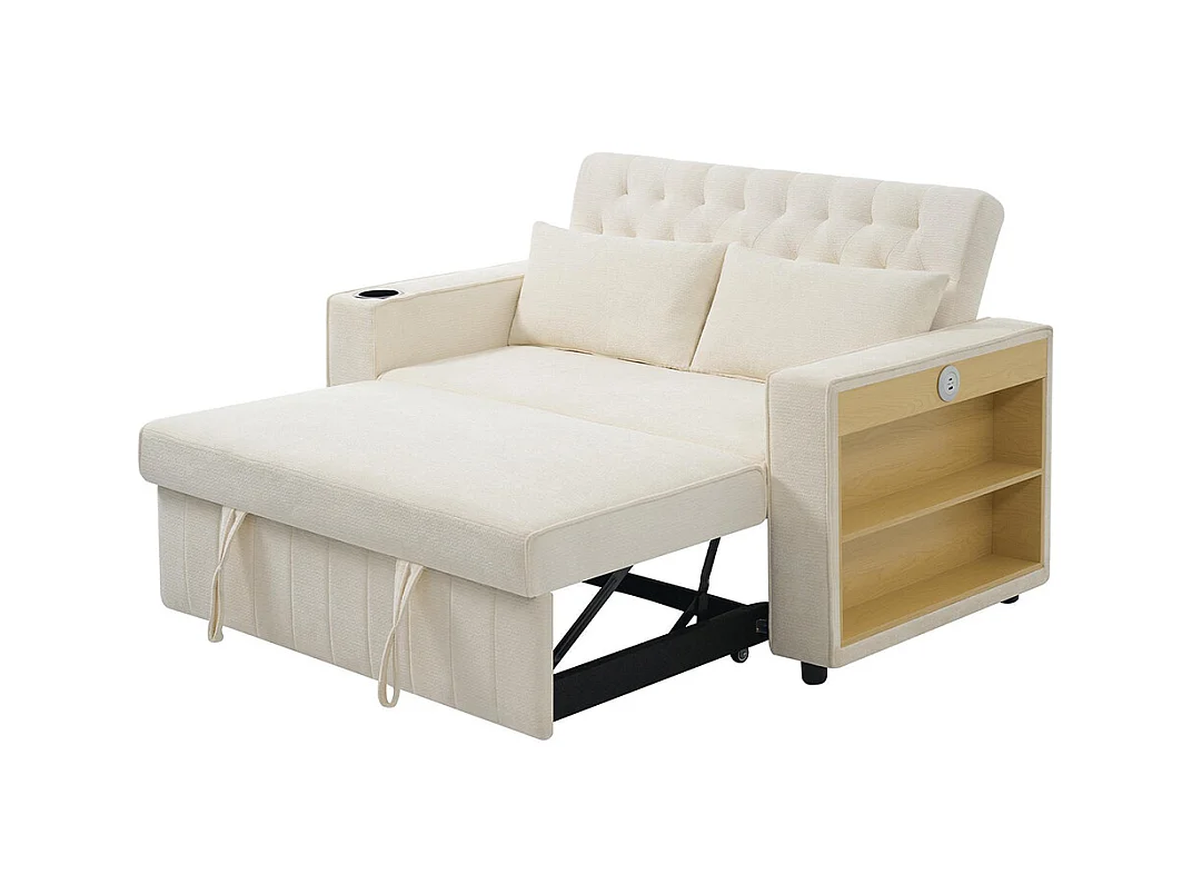 Canapé convertible beige multifonctionnel rangement couchage porte-gobelets USB coussins peu encombrant salon chambre