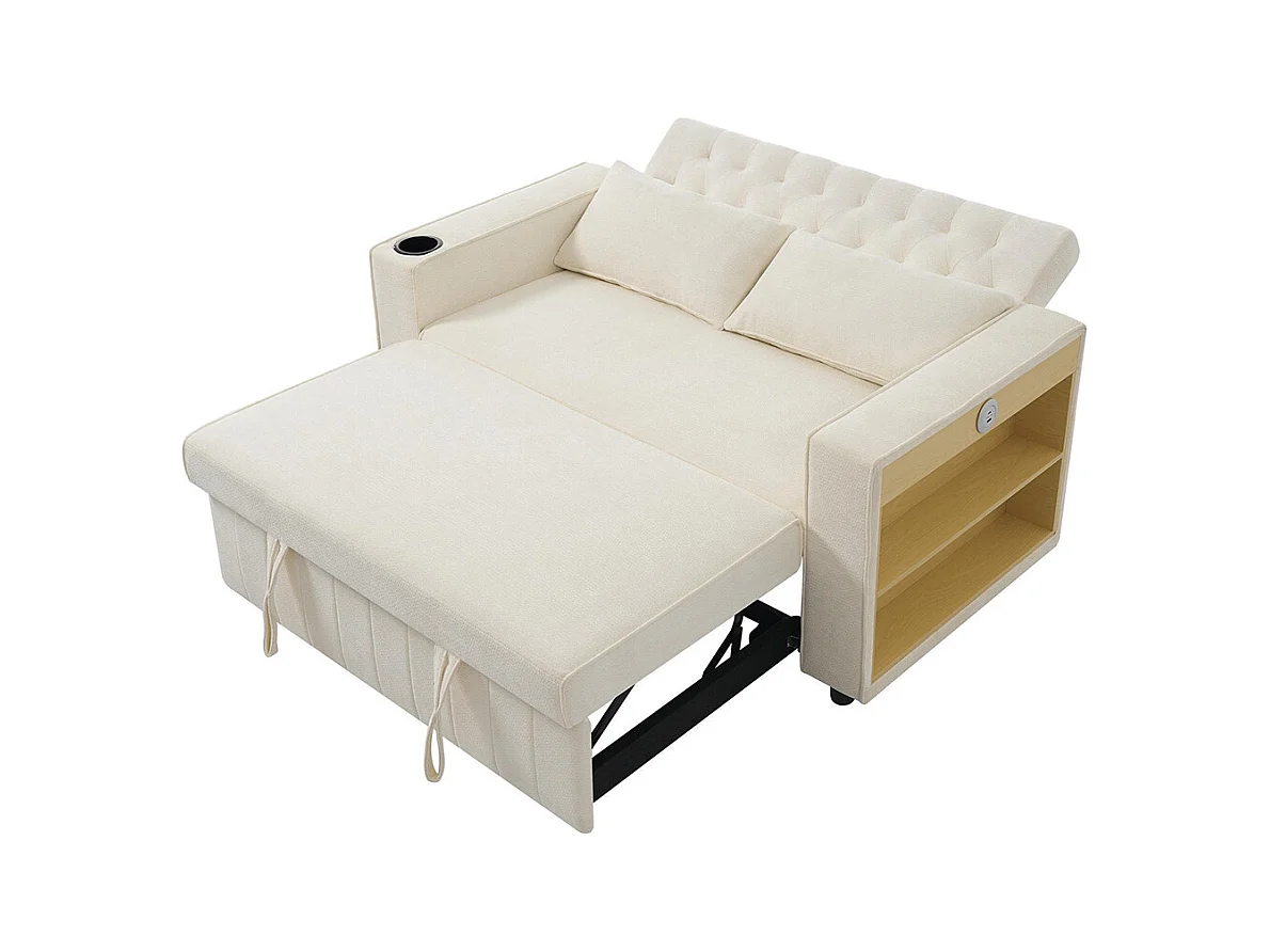 Canapé convertible beige multifonctionnel rangement couchage porte-gobelets USB coussins peu encombrant salon chambre