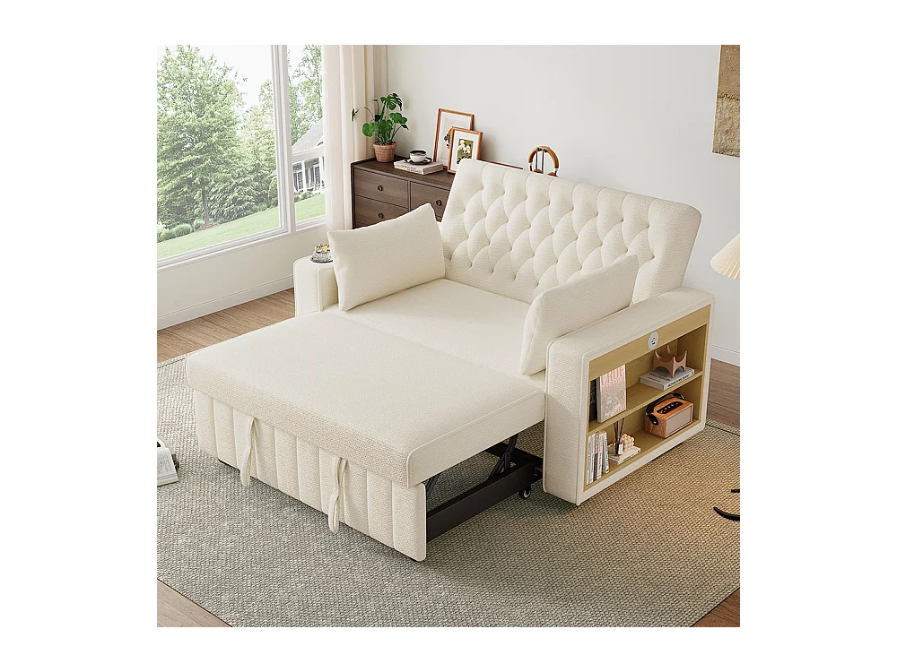 Canapé convertible beige multifonctionnel rangement couchage porte-gobelets USB coussins peu encombrant salon chambre
