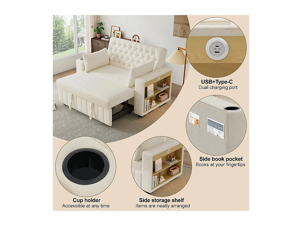 Canapé convertible beige multifonctionnel rangement couchage porte-gobelets USB coussins peu encombrant salon chambre