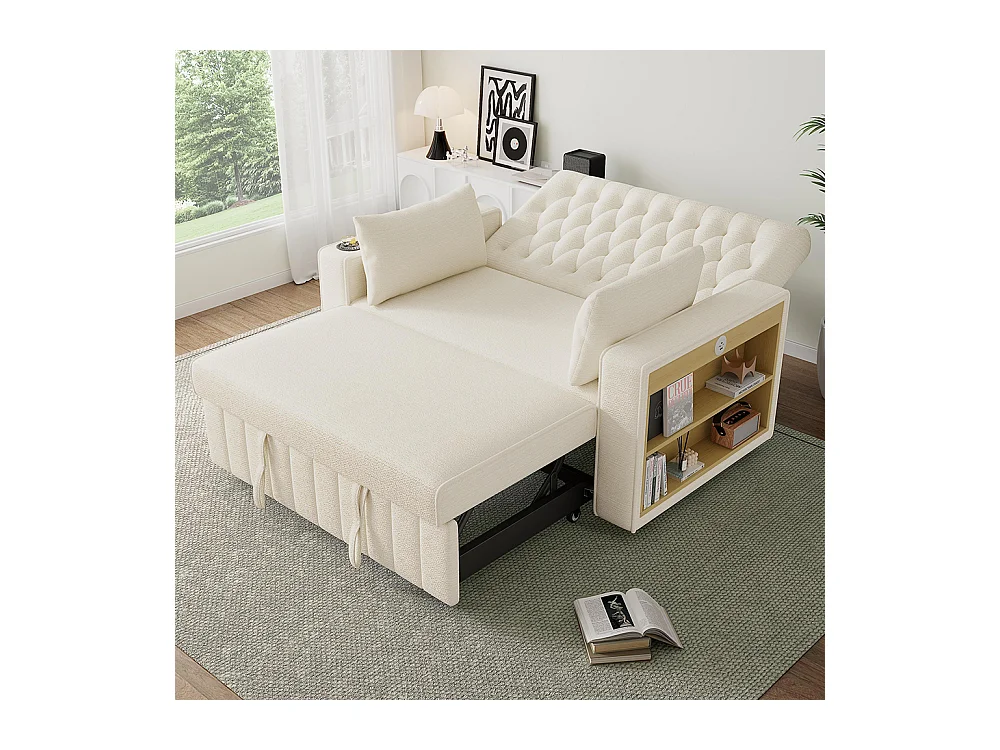 Canapé convertible beige multifonctionnel rangement couchage porte-gobelets USB coussins peu encombrant salon chambre