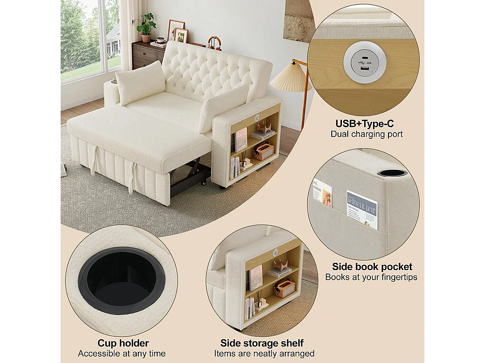 Canapé convertible beige multifonctionnel rangement couchage porte-gobelets USB coussins peu encombrant salon chambre