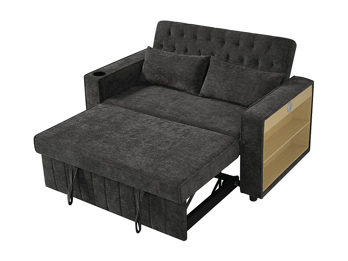 Canapé convertible gris multifonctionnel rangement couchage porte-gobelets USB coussins peu encombrant salon chambre