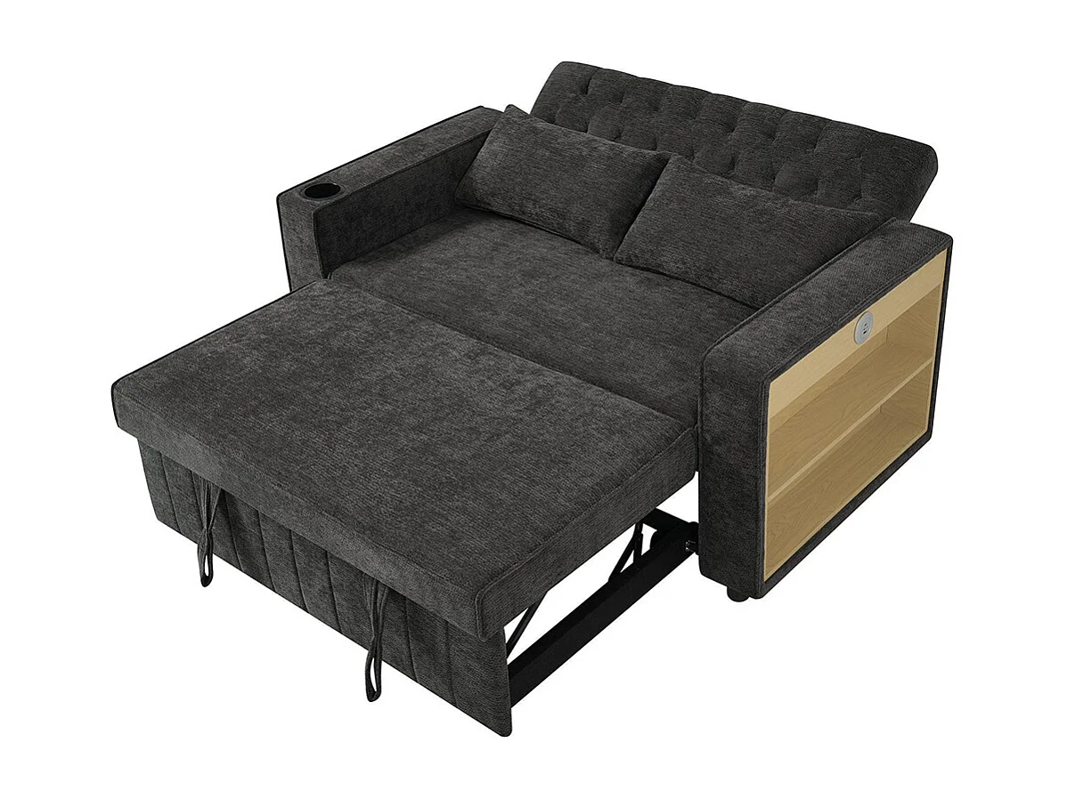 Canapé convertible gris multifonctionnel rangement couchage porte-gobelets USB coussins peu encombrant salon chambre