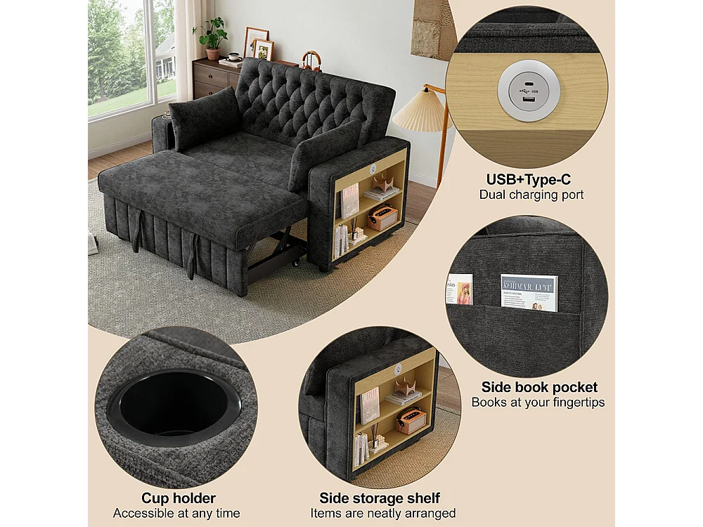 Canapé convertible gris multifonctionnel rangement couchage porte-gobelets USB coussins peu encombrant salon chambre