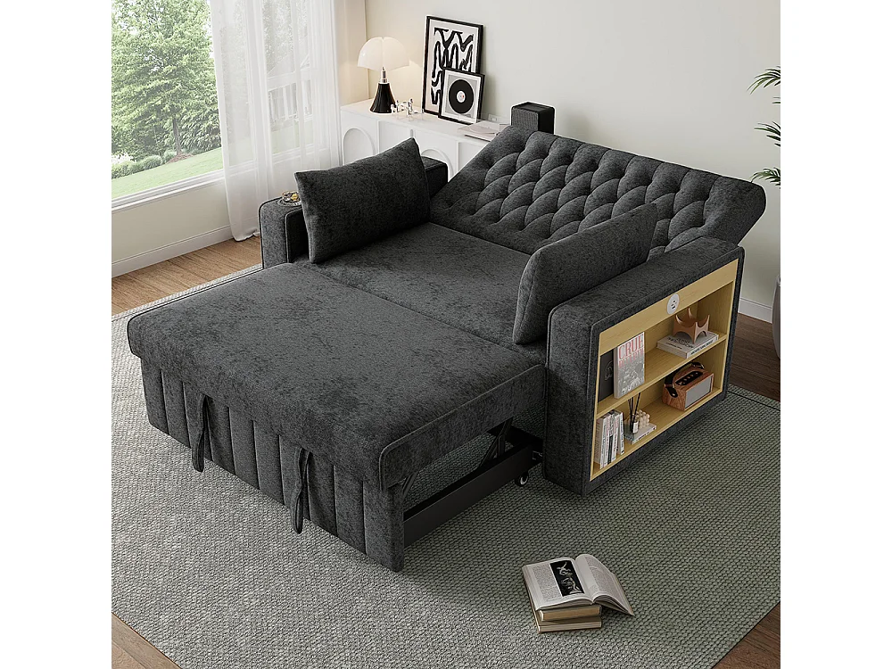 Canapé convertible gris multifonctionnel rangement couchage porte-gobelets USB coussins peu encombrant salon chambre