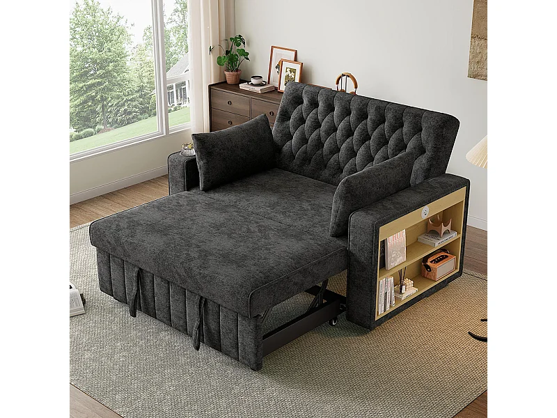 Canapé convertible gris multifonctionnel rangement couchage porte-gobelets USB coussins peu encombrant salon chambre