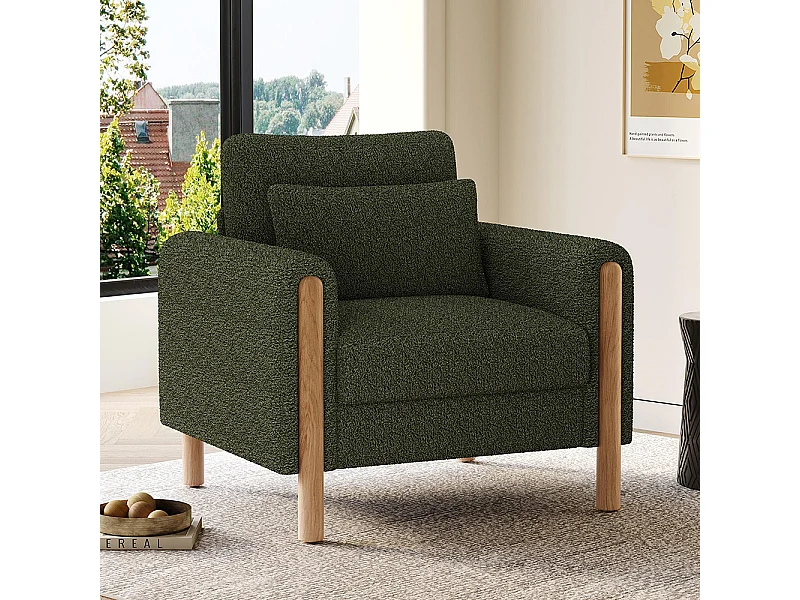 Fauteuil vert moderne accoudoirs coussin épais rembourrage moelleux confortable salon bureau chambre