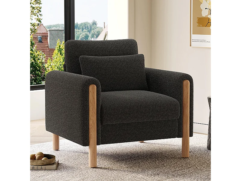 Fauteuil gris moderne accoudoirs coussin épais rembourrage moelleux confortable salon bureau chambre